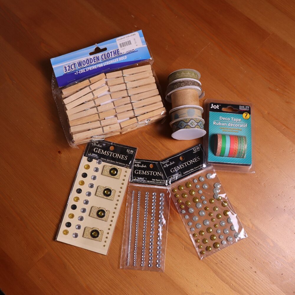Lot of craft supplies with 3 sets of gemstones, deco tape, clothespins pins